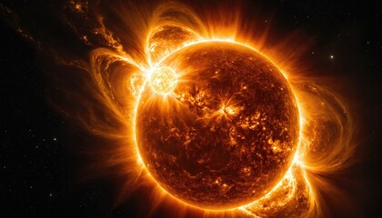 The sun's surface, with glowing cracks and flames emanating from it