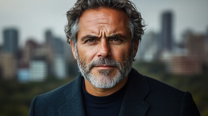 Obraz premium Portrait of a Man, Serious Expression, Cityscape Background