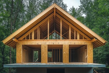 Exterior view of wooden house under construction with triangular roof beams and open framework