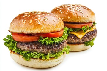 Two delicious burgers with lettuce, tomato, and cheese on sesame seed buns.