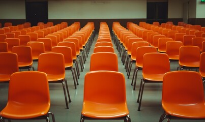 Empty Classroom with Rows of Orange Chairs and Desks