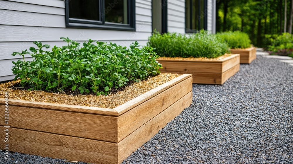 Wall mural Gardening landscaping idea. Vibrant raised garden beds filled with fresh herbs and plants near a modern home.