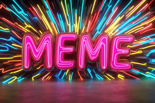 Bright neon letters of meme burst with colorful lights in dark setting, creating a vibrant visual impact