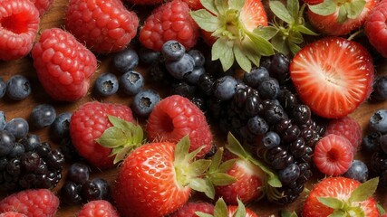 Fototapeta premium The display includes juicy strawberries, blueberries, raspberries, and blackberries, each with their natural shine and freshness.