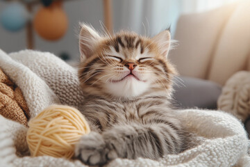Fototapeta premium Playful Kitten with Tabby Stripes Laughing and Swatting at Yarn Surrounded by Cozy Blankets and Cushions in a Comfortable Living Room Setting