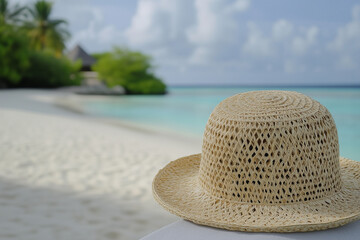 Woman straw hat on the blurred background with ocean, beach and palm trees