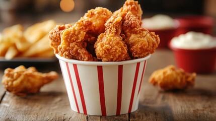 A bucket of crispy fried chicken with sides on a rustic wooden table.