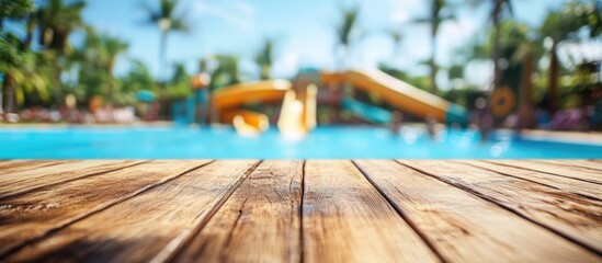 Obraz premium Wooden table top in foreground with blurred water park slide in background, vibrant blue water, palm trees, and ample copy space for summer themes