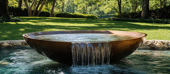 Weir bowl with clear cascading water demonstrating dynamic water flow action surrounded by lush green trees and a tranquil garden setting.