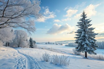 A Serene Winter Landscape Snow-Covered Trees, Footprints in the Snow, and a Majestic Pine at Sunrise