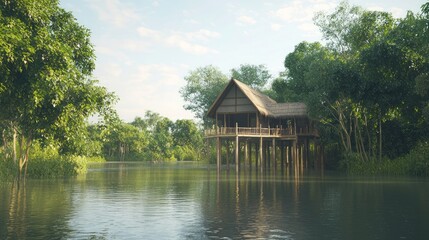 Obraz premium Tranquil Traditional Thai House on Stilts by the River with Curved Eaves Reflecting Local Architecture Craftsmanship - Cinematic Ultra-Detailed Image