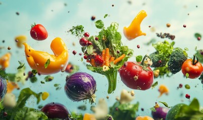 Fresh vegetables and fruits floating in mid air create vibrant, colorful scene. This abstract view showcases beauty of food scraps transforming into plant life
