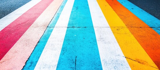 Colorful urban crosswalk with vibrant red, white, teal, orange stripes on textured concrete creating a modern art backdrop for advertising.