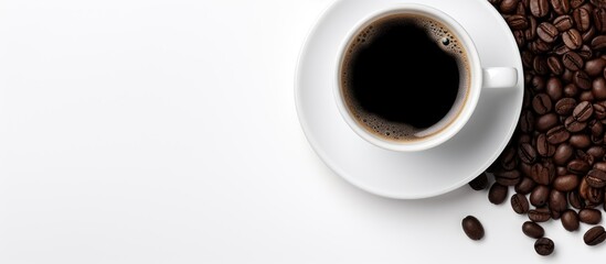 Cup of black coffee in a white porcelain mug positioned at the top left surrounded by roasted coffee beans on a clean white background