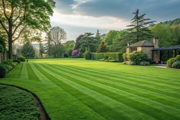 Fototapeta premium Serene landscape with meticulously manicured lawn stripes, showcasing a quaint stone cottage nestled amongst lush greenery and mature trees under a partly cloudy sky