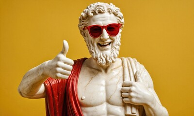 A marble statue of the Greek god of stoicism, smiling and wearing red sunglasses while giving a thumbs up