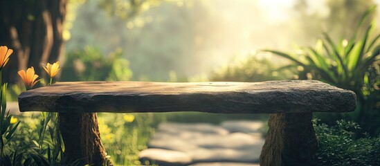 Obraz premium Serene rock desk in focus with warm sunlight and soft blurred greenery in the background, ideal for nature-inspired designs and tranquility.