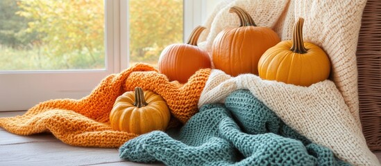 Autumn scene with orange and teal knit blankets draped on wooden surface, showcasing bright orange pumpkins by a sunlit window with greenery.