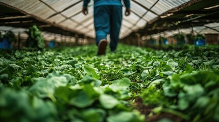 Farmer walking in greenhouse, tending leafy greens. Agriculture, sustainable farming