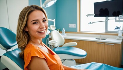 Fototapeta premium A young woman in a blue dental patient gown is smiling