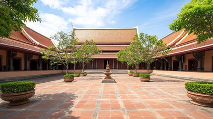 Obraz premium Tranquil Thai Monastery Courtyard with Flamboyant Multi-Tier Roofs | Cinematic Ultra-Detailed Architecture Image