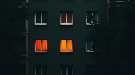 Windows glow softly in the evening light, revealing warm hues against a dark building facade in a city neighborhood at dusk