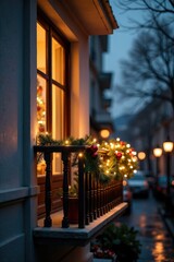 Balcony railing decorated with festive holiday decorations, lights, holly, holiday