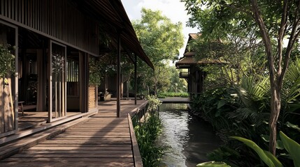 Serene Canal-Side Oasis: Traditional Thai Architecture on Wooden Veranda Overlooking Waterway