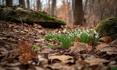 Obraz premium Galanthus nivalis or common snowdrop - blooming white flowers in early spring in the forest, closeup