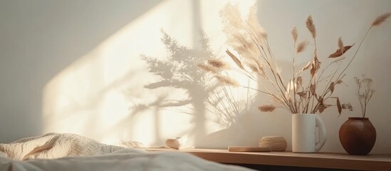 Serene Scandinavian bedroom with soft neutral tones, sunlight casting shadows on the white wall, featuring dried flowers in elegant vases.