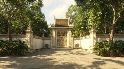 Fototapeta premium Enchanting Traditional Thai Gate with Ornate Peak Crown and Whitewashed Fences in Cinematic Ultra-Detailed Image