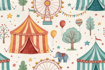 Fototapeta premium A whimsical watercolor illustration featuring circus tents, Ferris wheels, balloons, and trees, perfect for children's decor