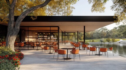 Obraz premium A Tranquil Outdoor Courtyard with Tables and Chairs, Surrounded by Lush Green Trees and Vibrant Flowers, Bathed in Natural Light, Creating a Warm and Inviting Atmosphere for Business and Meetings.