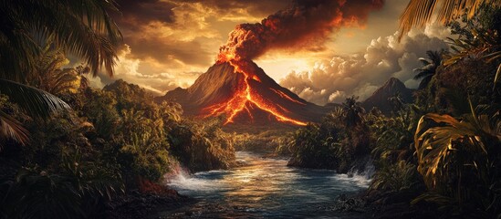 Naklejka premium Dramatic volcanic eruption with fiery lava against a backdrop of lush green foliage and a flowing river under a vibrant sunset sky