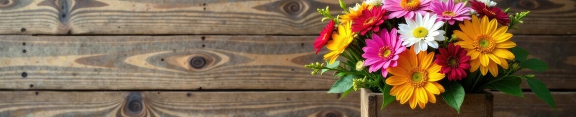 Bouquet of colorful flowers in a simple wooden box, wood grain texture, colorful flowers