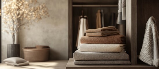 Stylish stacked apparel in warm neutral tones arranged neatly on a sleek wooden shelf with soft textiles and minimalistic decor in a modern boutique.