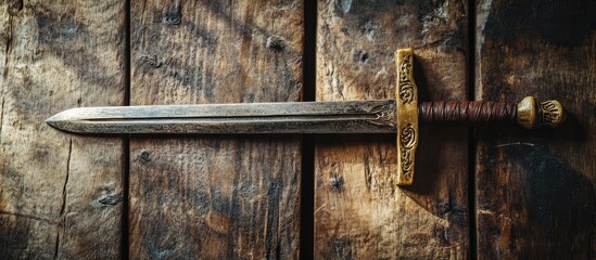 Close-up view of an ornate vintage sword on a rustic wooden surface with rich brown tones and detailed golden hilt positioned centrally.