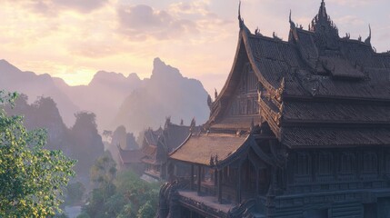 Fototapeta premium Tranquil Sunrise Illuminating Intricate Thai Monastery Facade | Cinematic Ultra-Detail of Roof Carvings