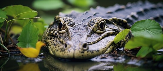 Close-up of a crocodile's head partially submerged in dark water surrounded by green foliage and brown leaves creating a lush rainforest ambiance