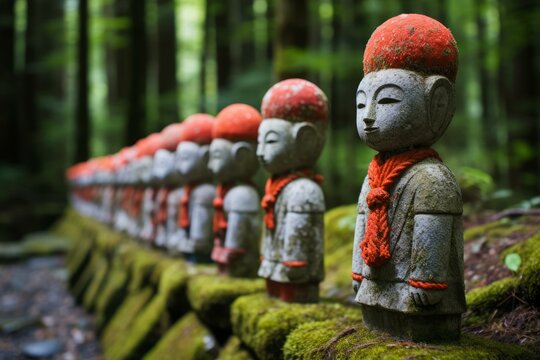 Stone jizo statues wearing red caps and bibs are standing in the mystical forest of kanmangafuchi abyss in nikko, japan