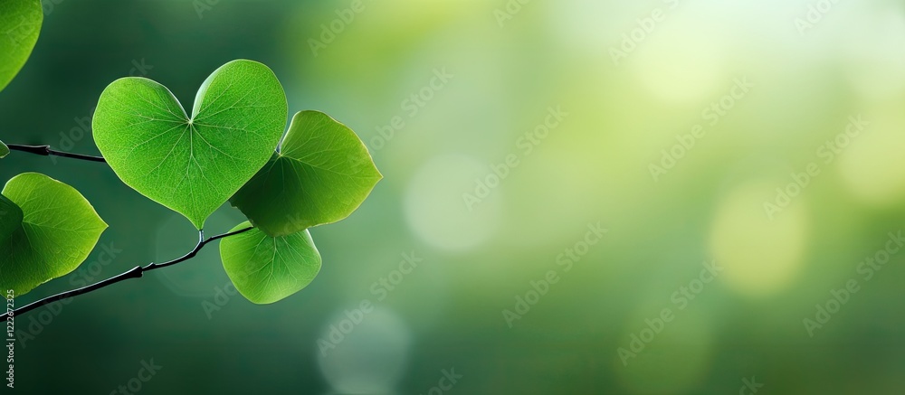 Sticker Heart-shaped green leaves on a branch with blurred green foliage in the background creating a romantic Valentineâ€™s Day theme with ample copy space.