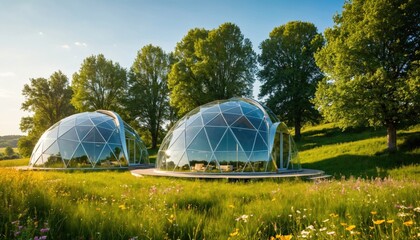 Futuristic dome homes with fully triangle glass structures, seamless and minimalist design