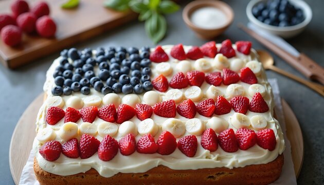Festive fruit flag cake with berries and cream, red white and blue, Independence Day celebration