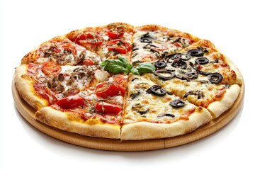 A delicious pizza divided into four sections with various toppings.