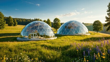 Futuristic dome homes with fully triangle glass structures, seamless and minimalist design