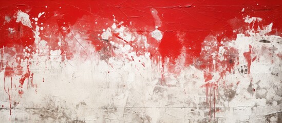 Fototapeta premium Torn weathered urban poster backdrop featuring a mix of white and vibrant red splashes with a scratched texture highlighting an aged aesthetic