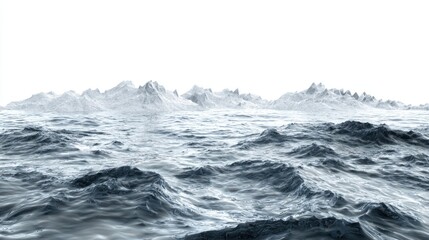 A vast ocean scene with rolling waves and distant mountains under a bright sky.