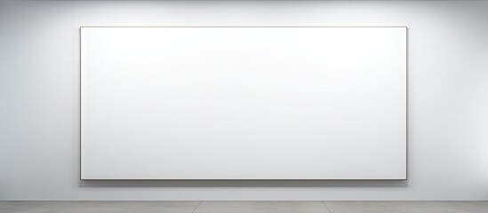 Minimalist white canvas positioned centrally in a bright exhibition space with neutral gray walls, ideal for artistic presentations and creativity.