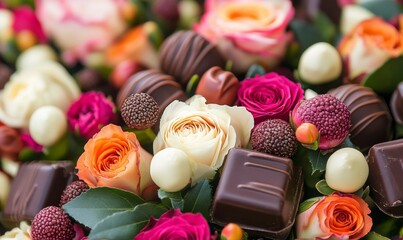 Delicious chocolate and vibrant flowers create a romantic arrangement for special occasions