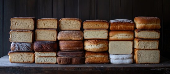 Assorted loaves of bread stacked neatly on a rustic wooden surface against a dark background showcasing various textures and colors of crusts.